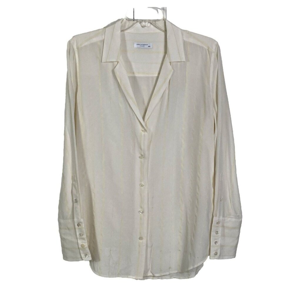 Equipment Femme Blouse Womens Size M Ivory Silk Yellow Stripe Button Up Top